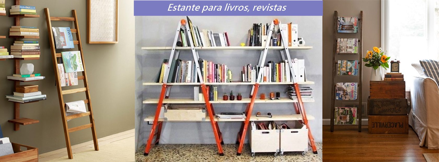 escadas como suporte de livros revistas