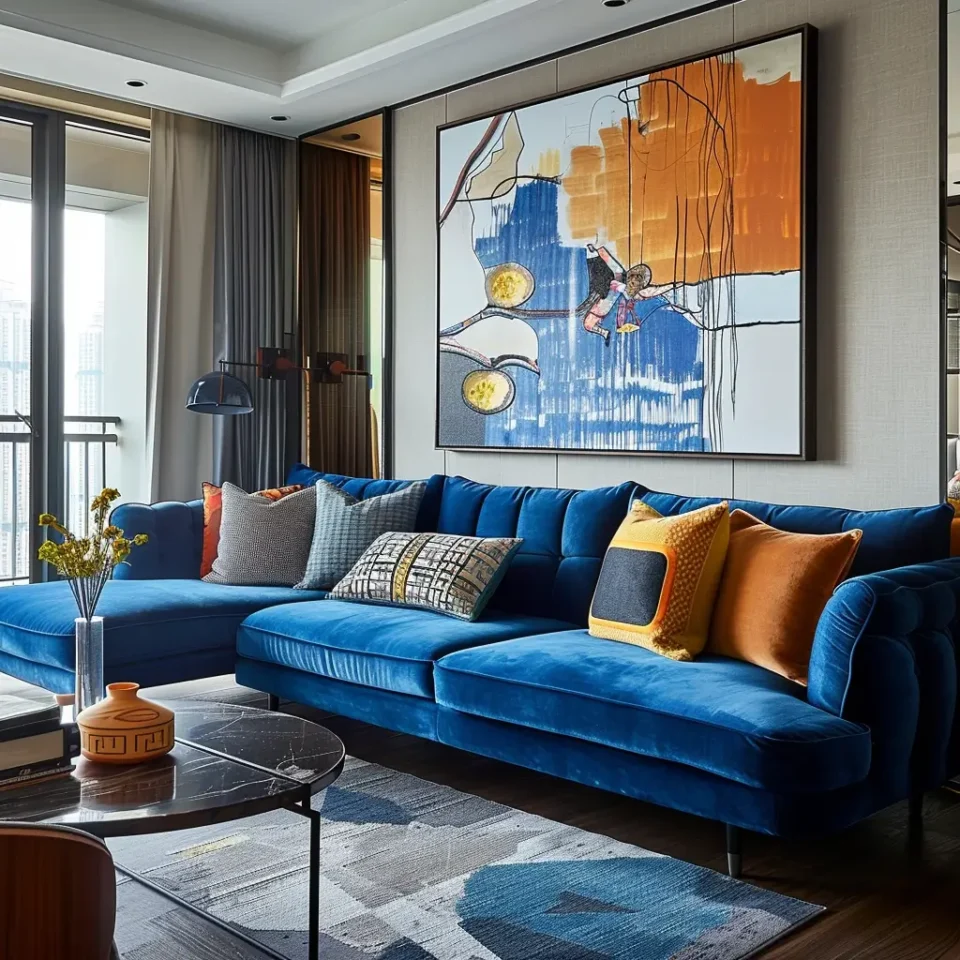 sala com sofá azul em detalhes em laranja