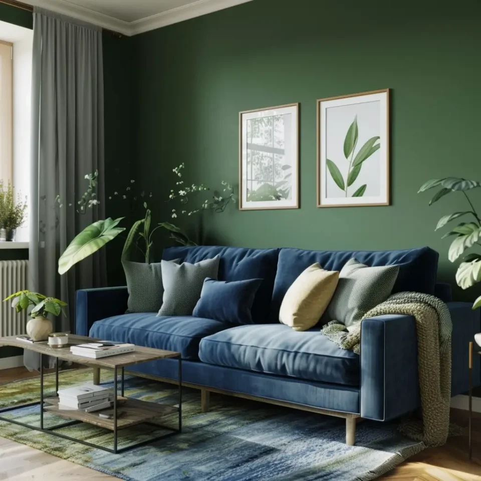 sala com sofá azul e parede verde