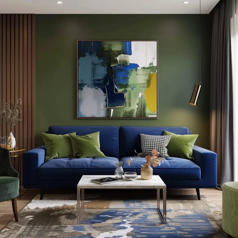 sala com sofá azul e parede verde militar