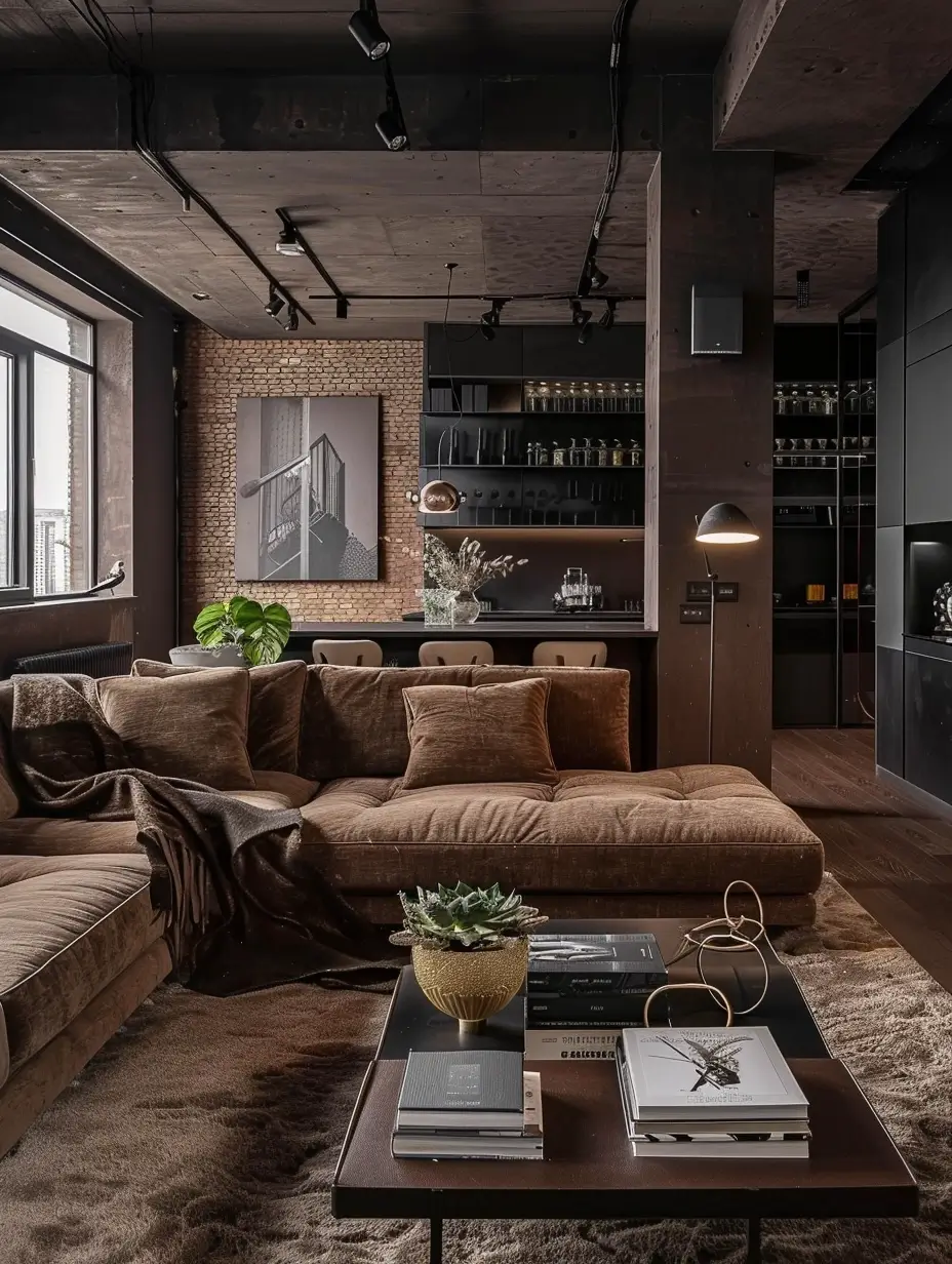 estilo-rustico-sala-de-estar-marrom-e-preto