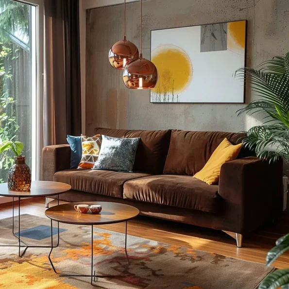 sala com com sofá marrom e decorção moderna obra de arte na parede
