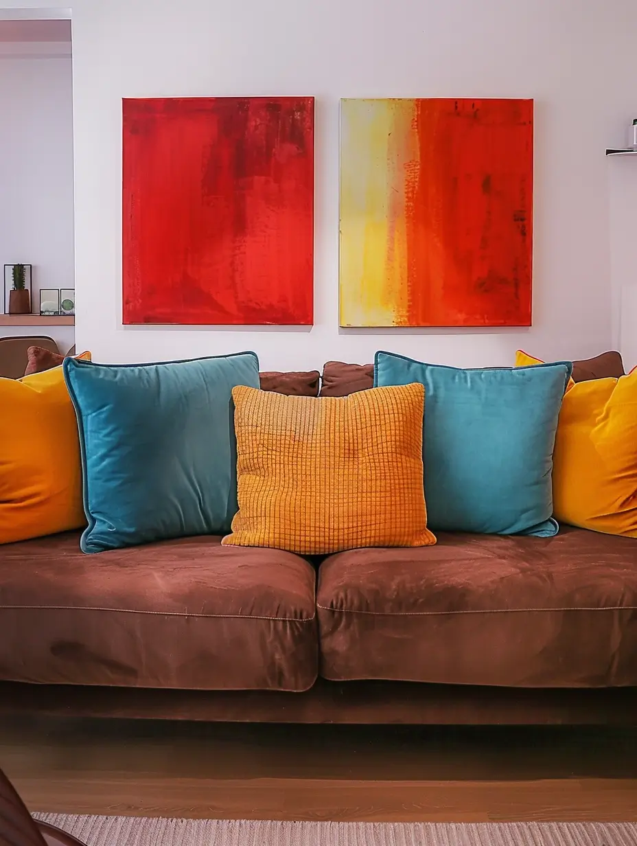  sofá marrom com cores vibrantes