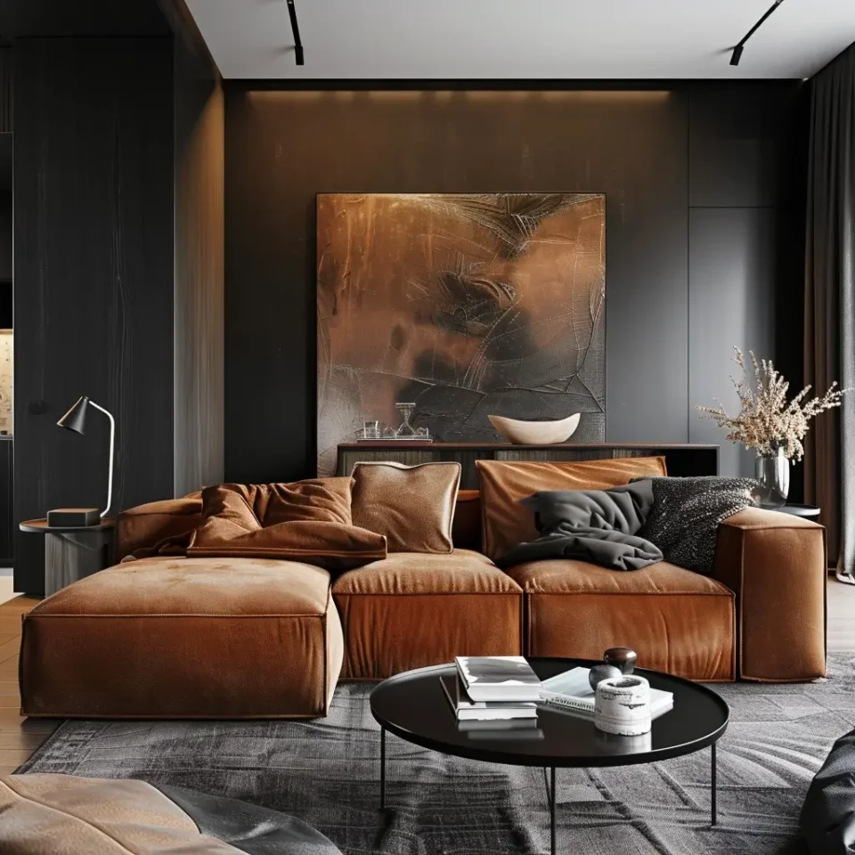 sala de estar marrom e preto com textura e conforto