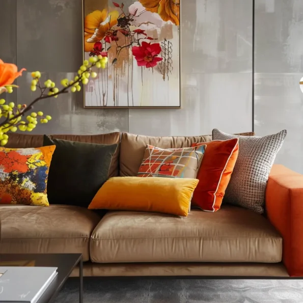 sofá marrom com almofadas coloridas contraste de cores no ambiente