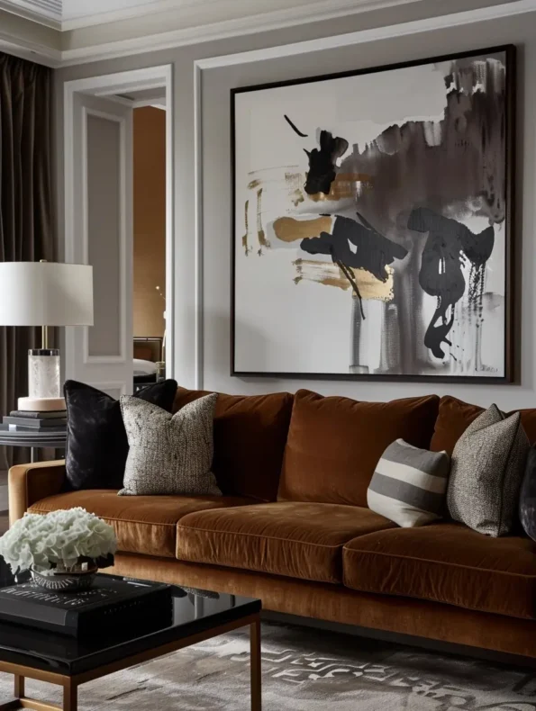 sala com sofá marrom cores neutras e sofisticada