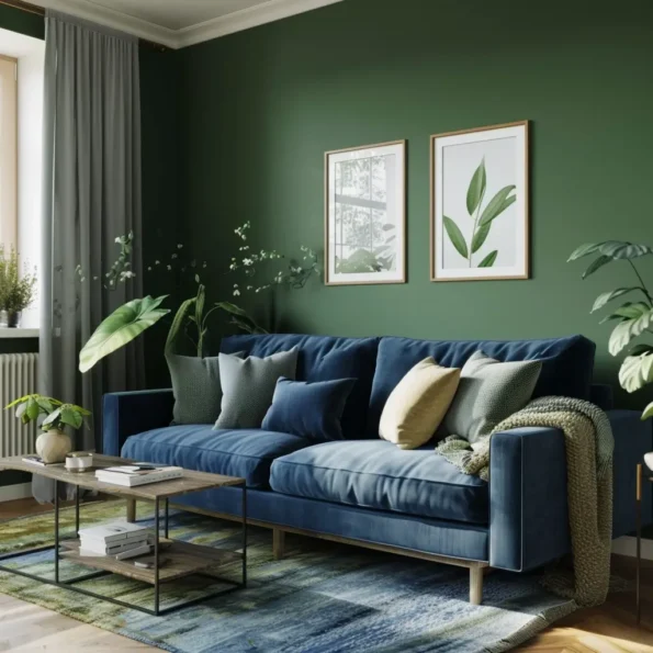 sala com decoração parede verde e sofá azul